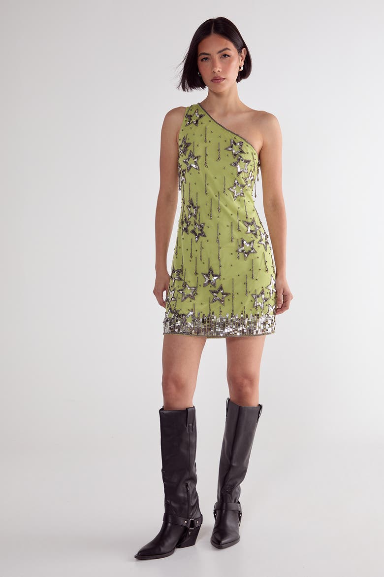 Tassel One Shoulder Sequin Mini Dress, Alternate, color, Lime