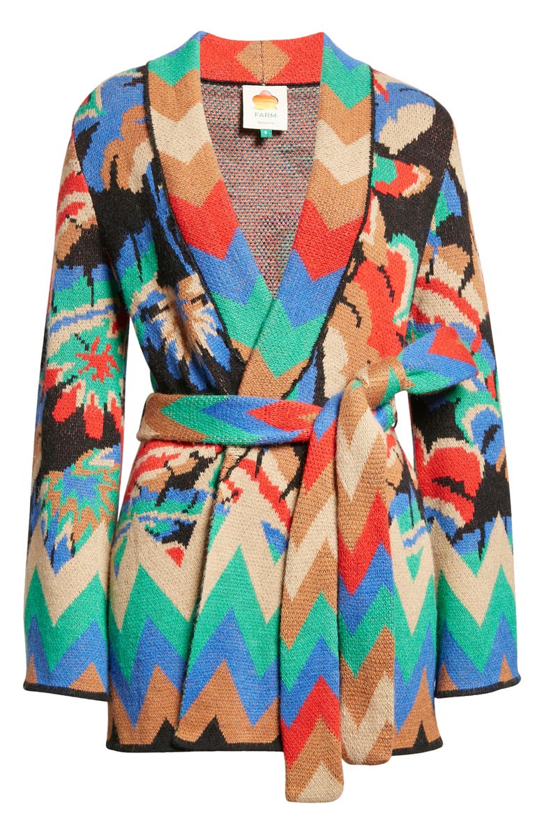 FARM Rio Chevron Forest Jacquard Belted Cardigan, Alternate, color,