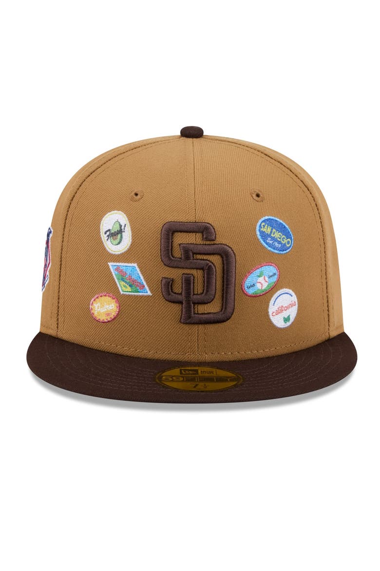 Men's New Era Tan San Diego Padres Fruit Sticker 59FIFTY Fitted Hat, Alternate, color, Tan