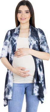 24seven Comfort Apparel Tie Dye Elbow Sleeve Open Front Maternity Cardigan