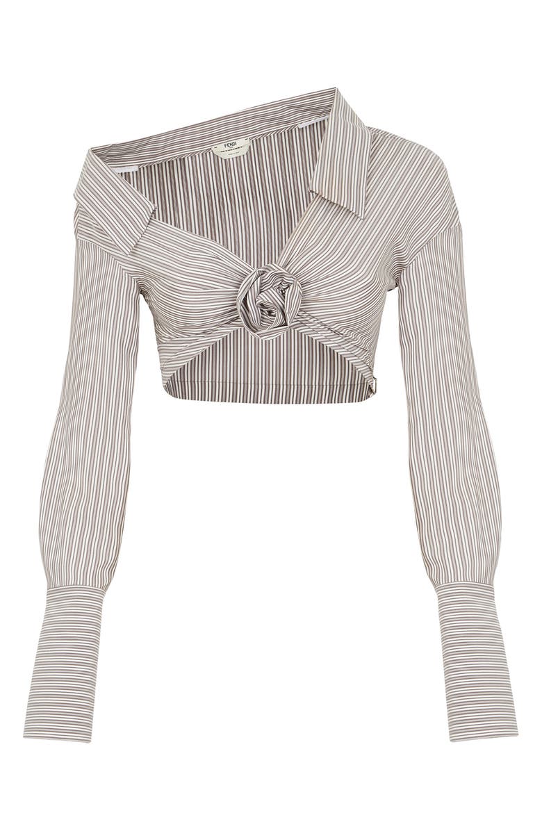 Fendi Rosette Stripe One-Shoulder Silk Crop Blouse, Main, color, 