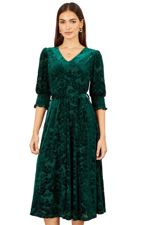 Velvet Floral V-neck Midi Dress
