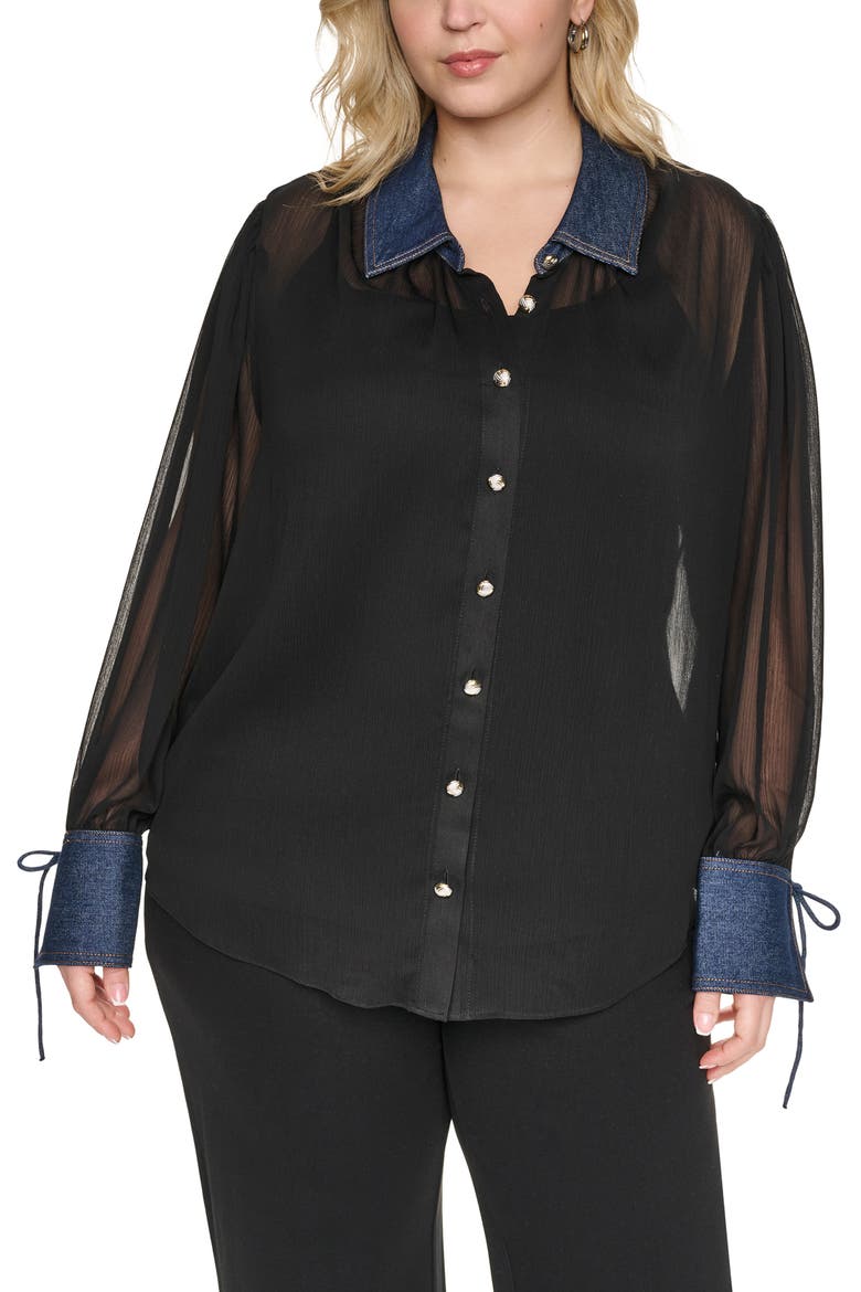 Crinkle Chiffon Shirt with Denim Trim, Main, color, BLACK