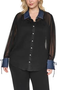 KARL LAGERFELD PARIS Crinkle Chiffon Shirt with Denim Trim