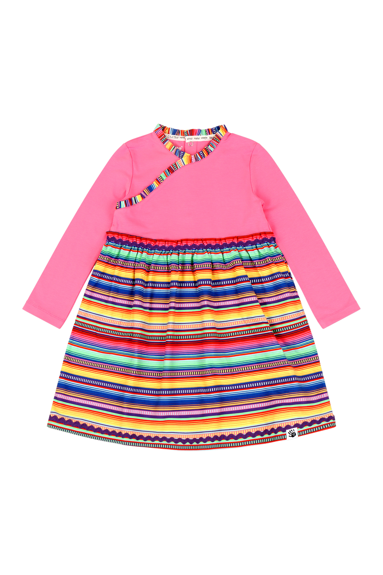 Girls Long Sleeve Ruffle Trim Dress, Alternate, color, Pink Multicolor Stripe