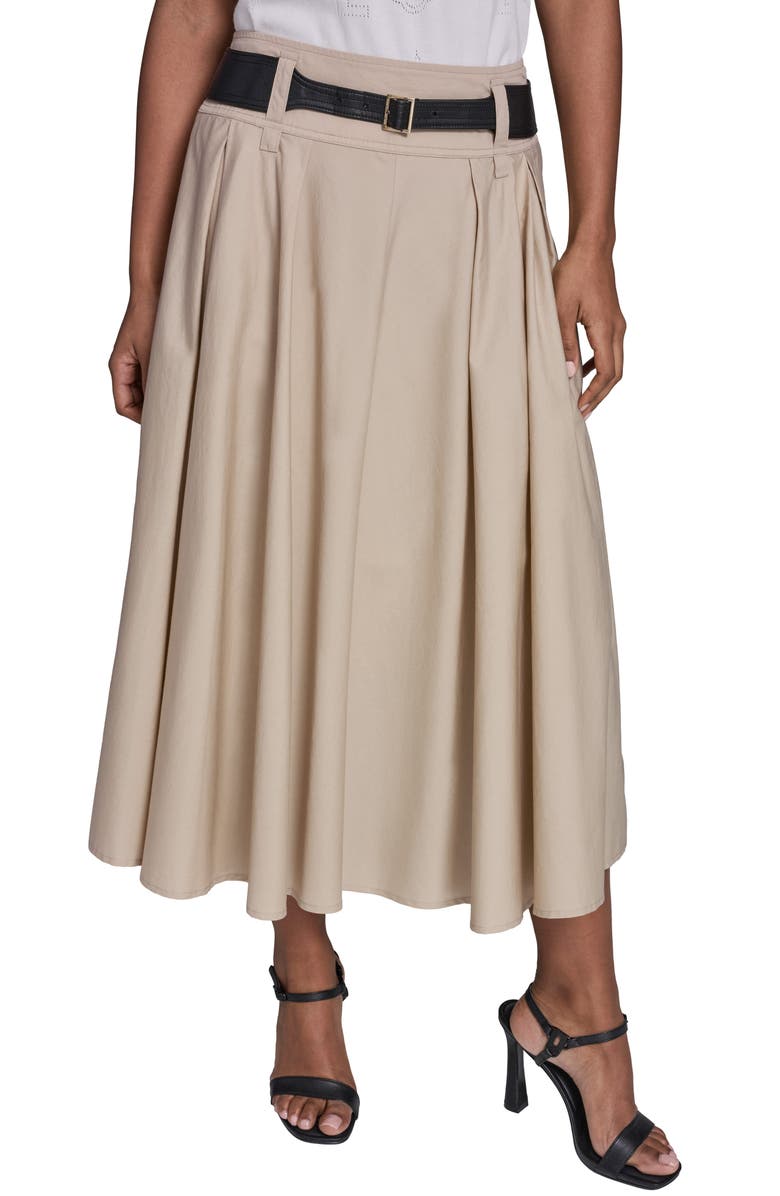 KARL LAGERFELD PARIS Belted Pleated Midi Cotton A-Line Skirt, Main, color, French Beige