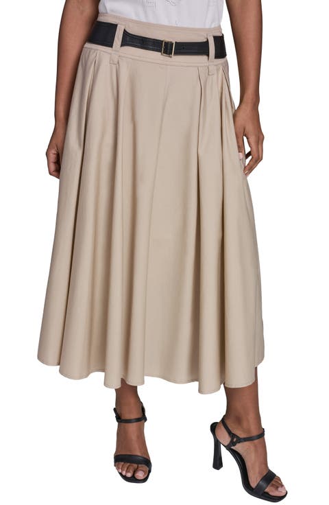 Belted Pleated Midi Cotton A-Line Skirt