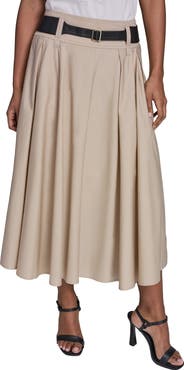 KARL LAGERFELD PARIS Belted Pleated Midi Cotton A-Line Skirt