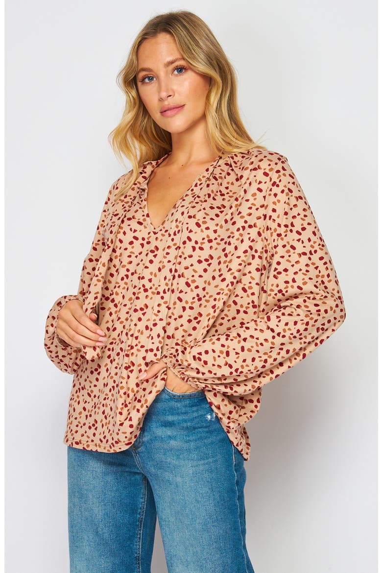 Poet Tie Front Long Sleeve Top, Alternate, color, TAUPE MULTI