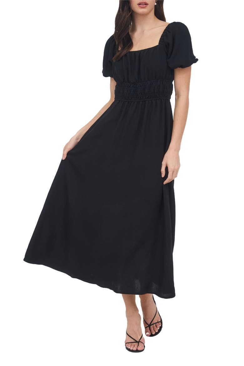 Puff Sleeve Midi Dress, Main, color, BLACK