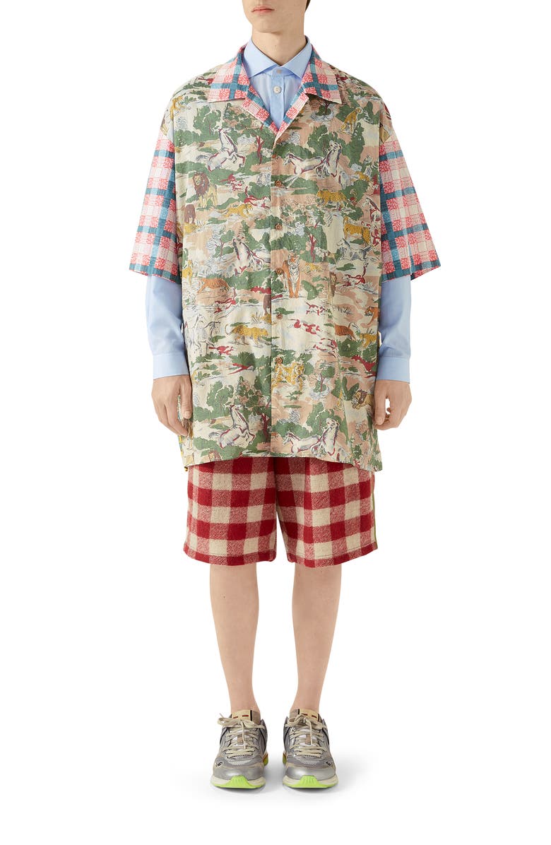 Gucci Oversize Feline Print Cotton Bowling Shirt, Alternate, color, 