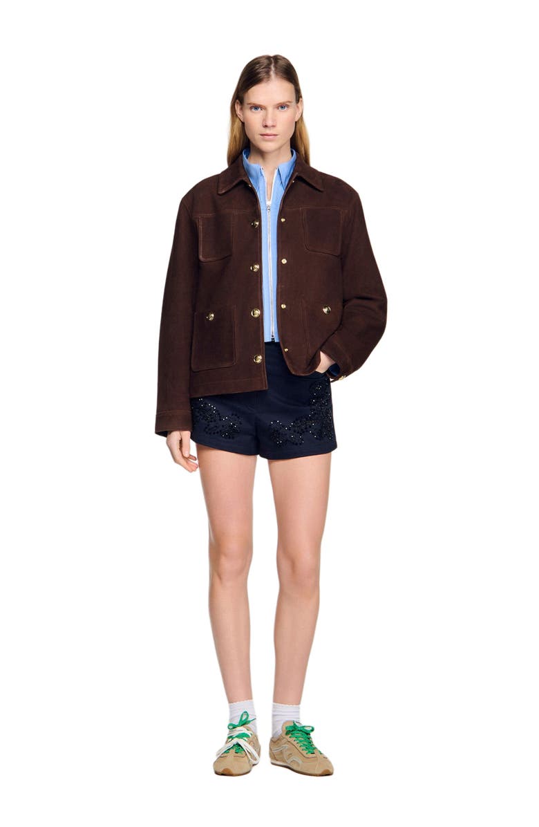 SANDRO Suede jacket, Alternate, color, Black Brown