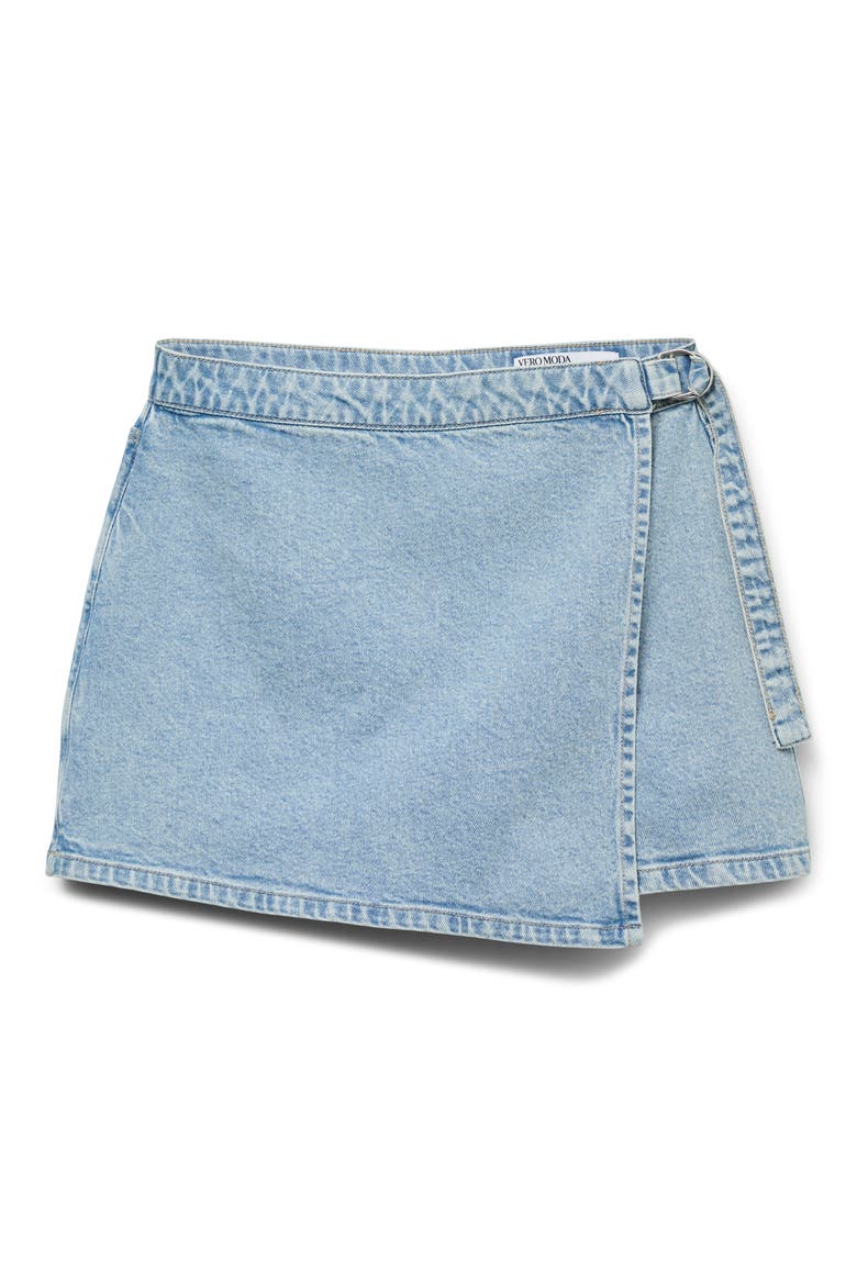 Vica Faux Wrap Denim Skort, Main, color, LIGHT BLUE DENIM