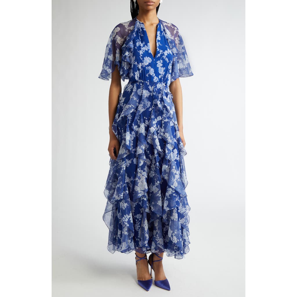 Carolina Herrera Silk Short Sleeve Tie Cape Ruffle Dress