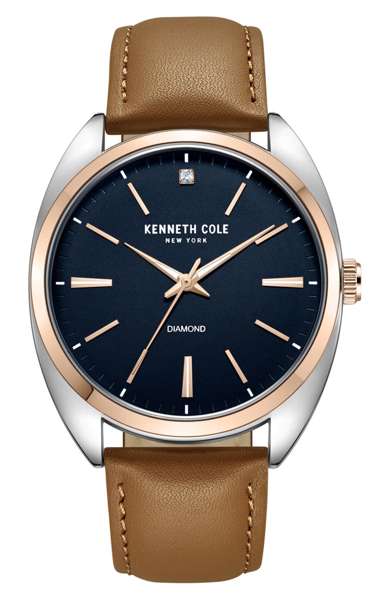 Kenneth Cole Three Hand Quartz Leather Strap Watch, 45mm, Main, color, Tan