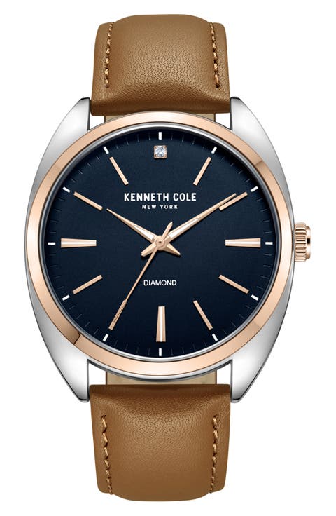 Three Hand Quartz Leather Strap Watch, 45mm