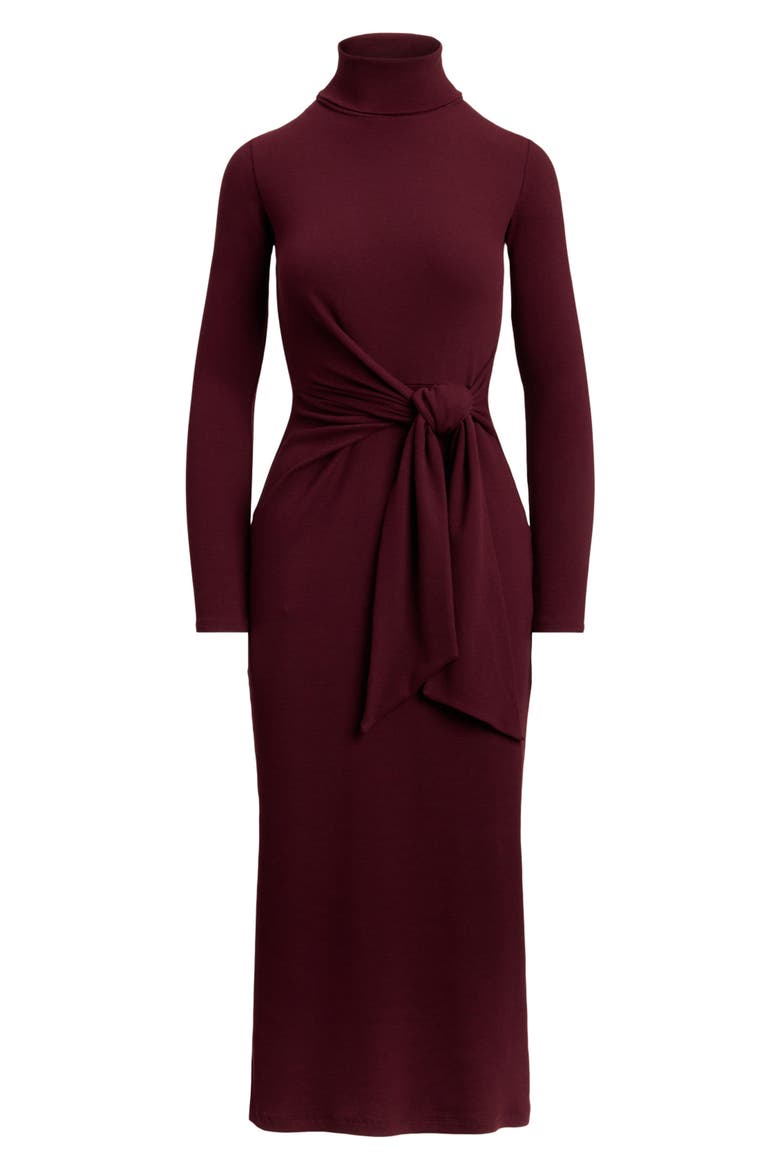 Long Sleeve Turtleneck Tie Front Dress, Alternate, color, BURGUNDY