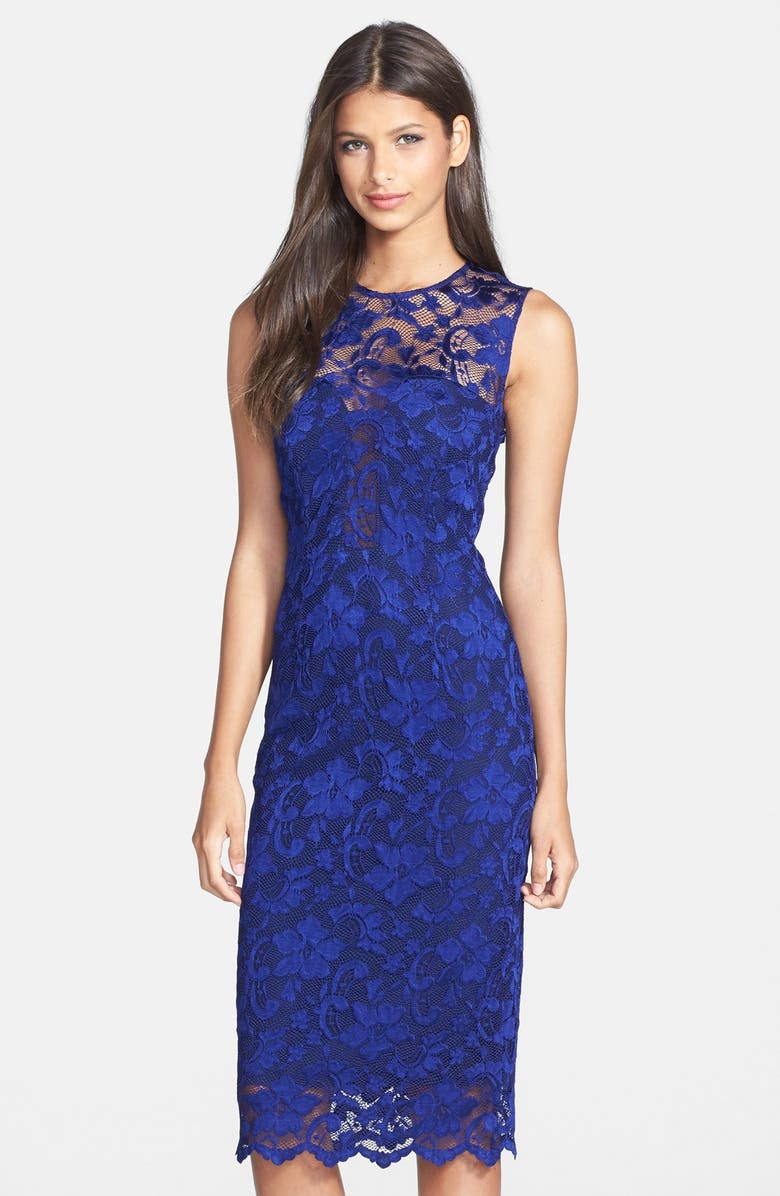 Nicole Miller 'Flower Scroll' Stretch Lace Sheath Dress, Main, color, 