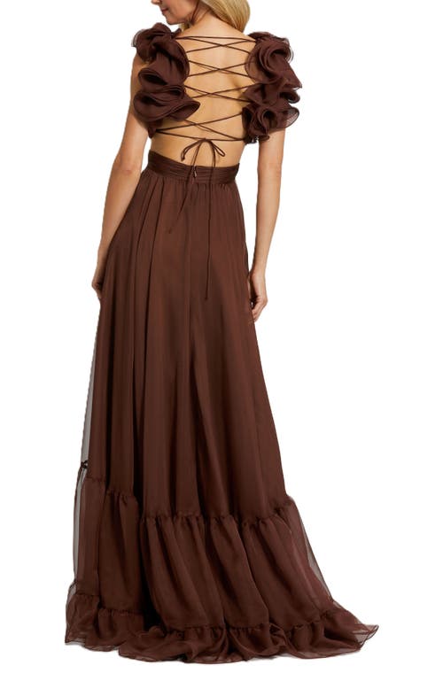 Mac Duggal Sleeveless Ruffle Tiered Cut-out Chiffon Gown In Burgundy