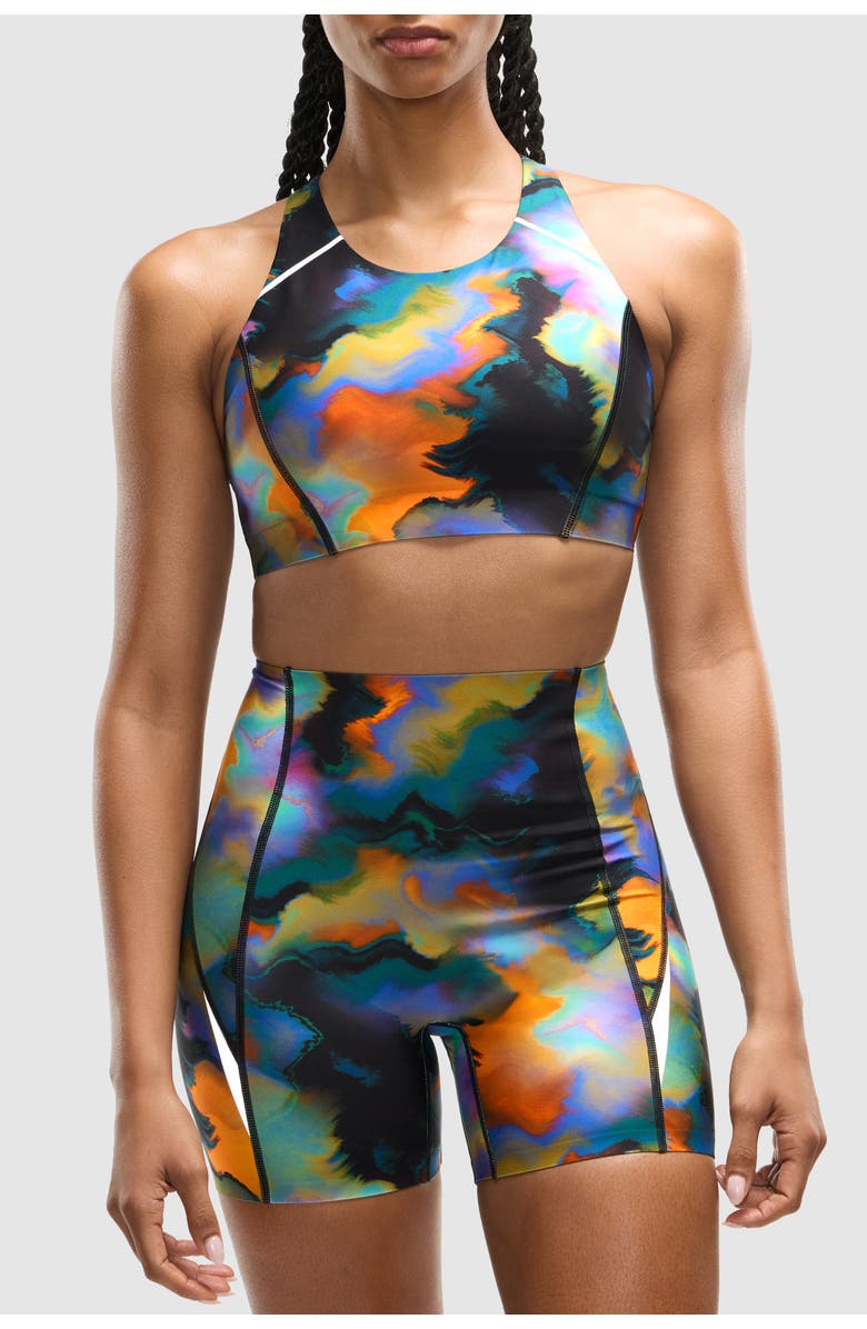 Peloton PaceForm Long Line Racer Front Bra, Main, color, Heatmap Print