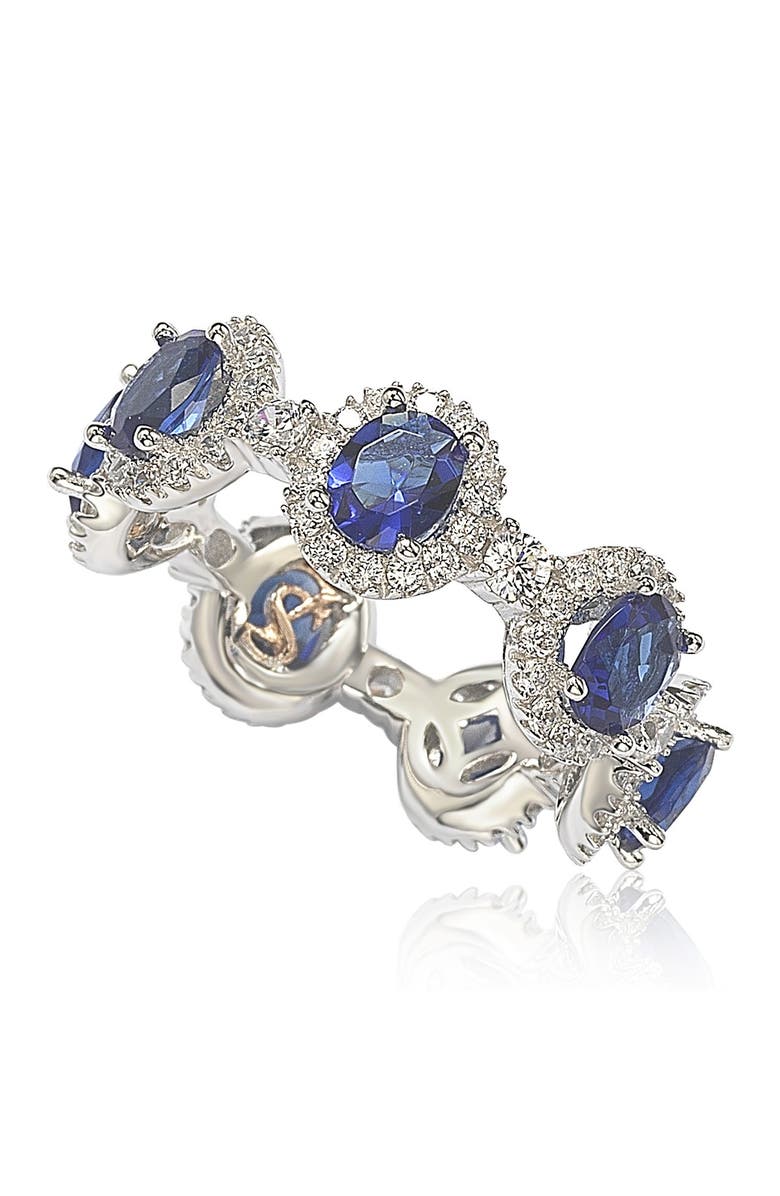 SUZY LEVIAN Sterling Silver Prong Set Blue CZ & Pave Halo Station Eternity Band Ring, Main, color, 