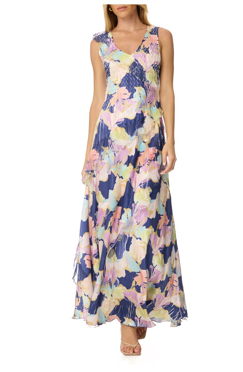 Komarov Ruffle Chiffon and Chrarmeuse Long Dress, Main, color, Spring Lily