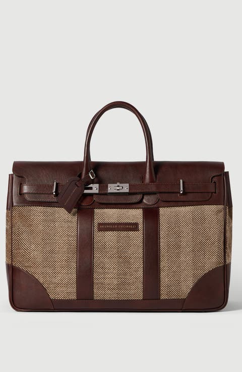 Burnished calfskin and chevron-effect techno fabric country bag