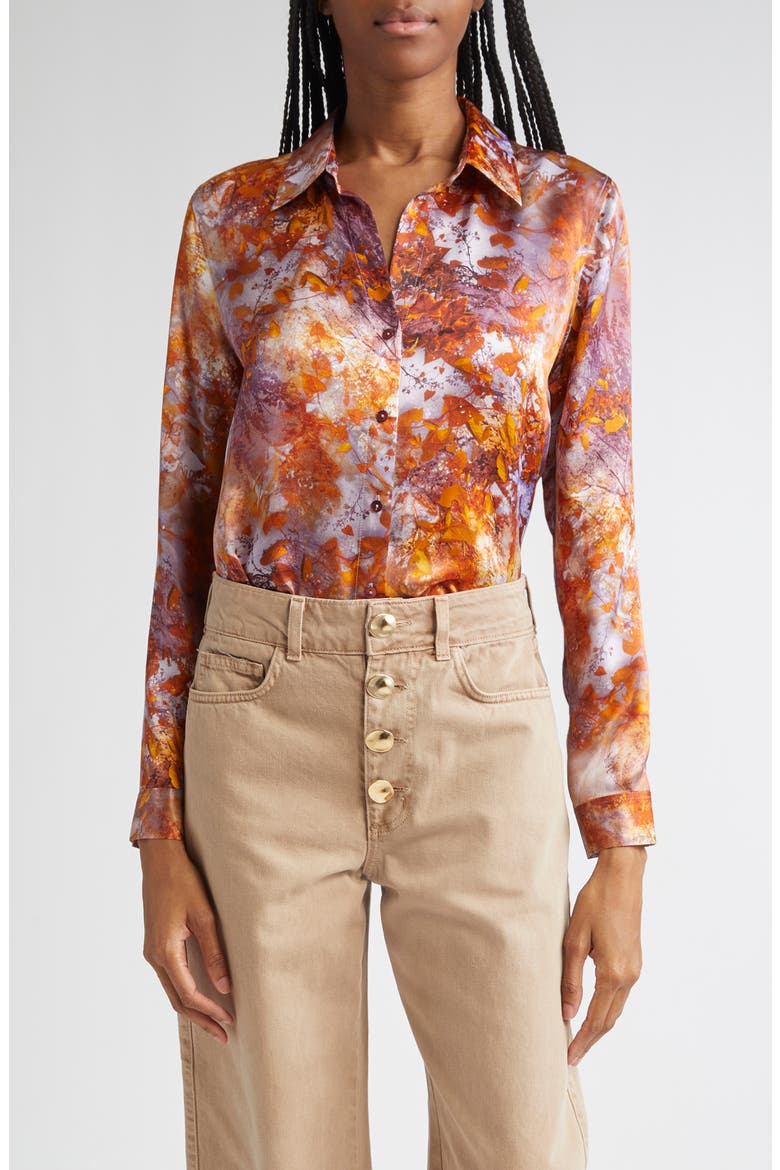 Tyler Leaf Print Silk Button-Up Shirt, Main, color, MAUVE MULTI AUTUMN LEAVES
