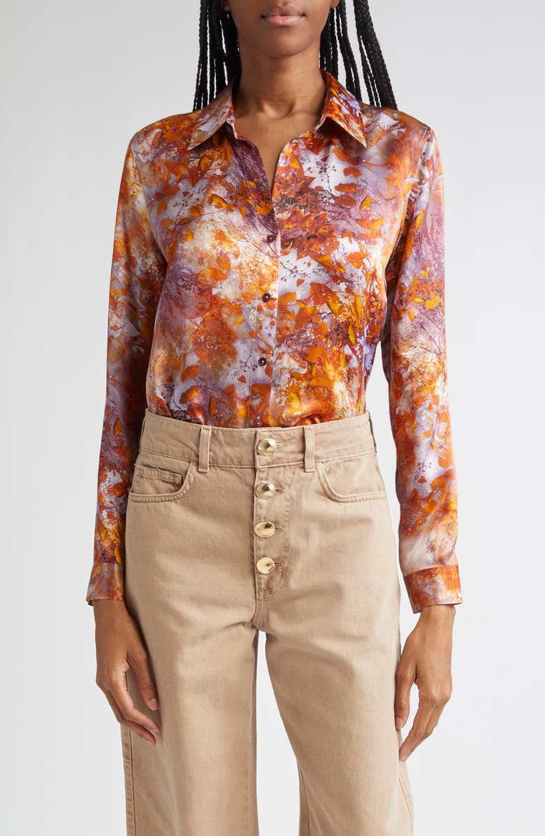 L'AGENCE Tyler Leaf Print Silk Button-Up Shirt, Main, color, Mauve Multi Autumn Leaves