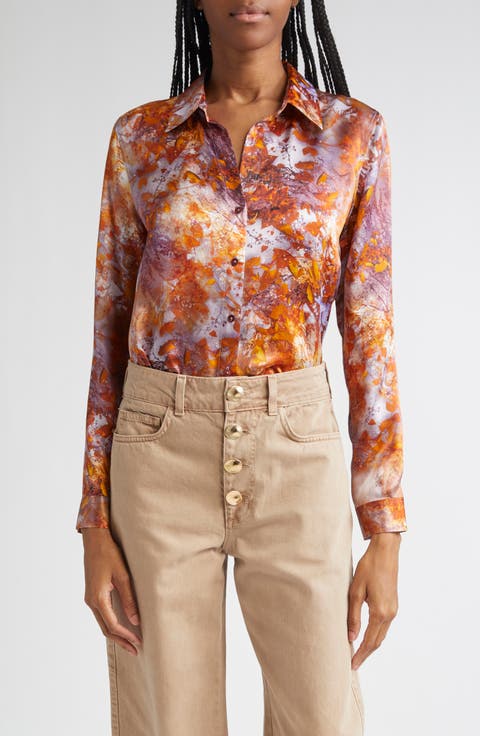 Tyler Leaf Print Silk Button-Up Shirt