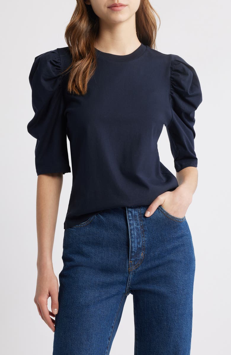 FRAME The Drape Puff Sleeve Organic Cotton Top, Main, color, Navy