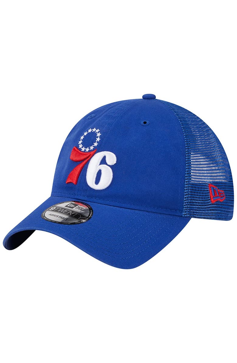 New Era Men's New Era Royal Philadelphia 76ers Distinct Side Patch Trucker 9TWENTY Adjustable Hat, Alternate, color, Royal