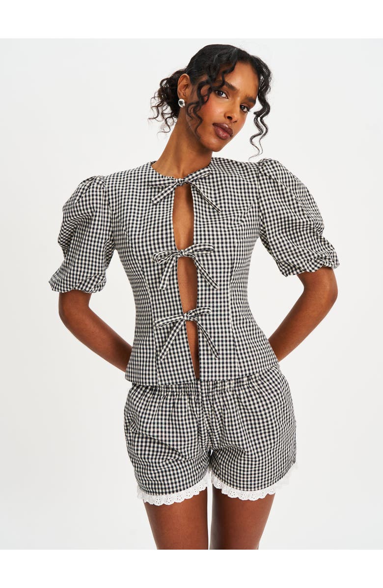 Miss Circle Qusayla Bow Tie Front Gingham Puff Sleeve Top, Alternate, color, Black