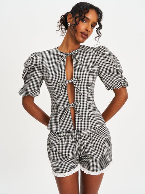 Miss Circle Qusayla Bow Tie Front Gingham Puff Sleeve Top In Animal Print