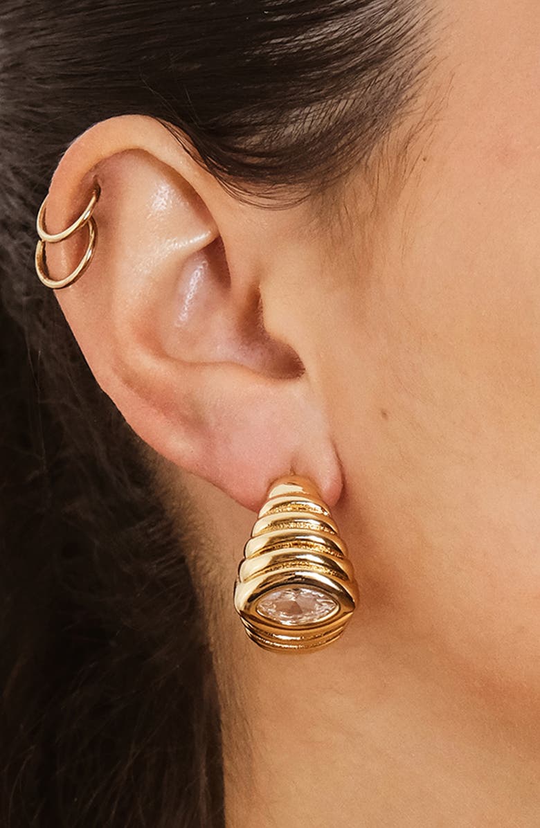 Sterling Forever Cubic Zirconia Croissant Hoop Earrings, Alternate, color, Gold