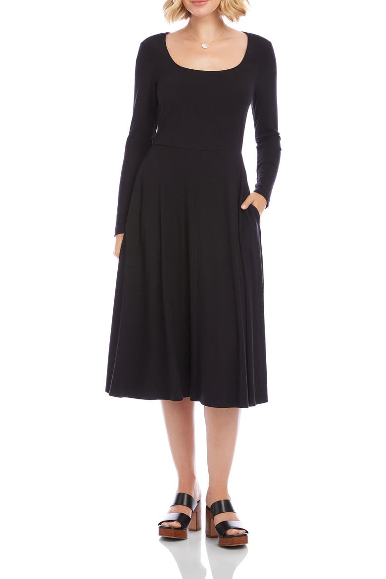 Long Sleeve Scoop Neck A-Line Jersey Dress, Main, color, BLACK