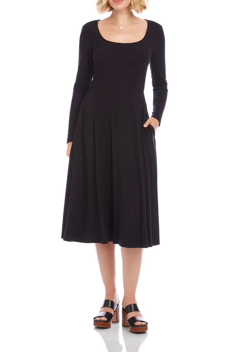Karen Kane Long Sleeve Scoop Neck A-Line Jersey Dress, Main, color, Black