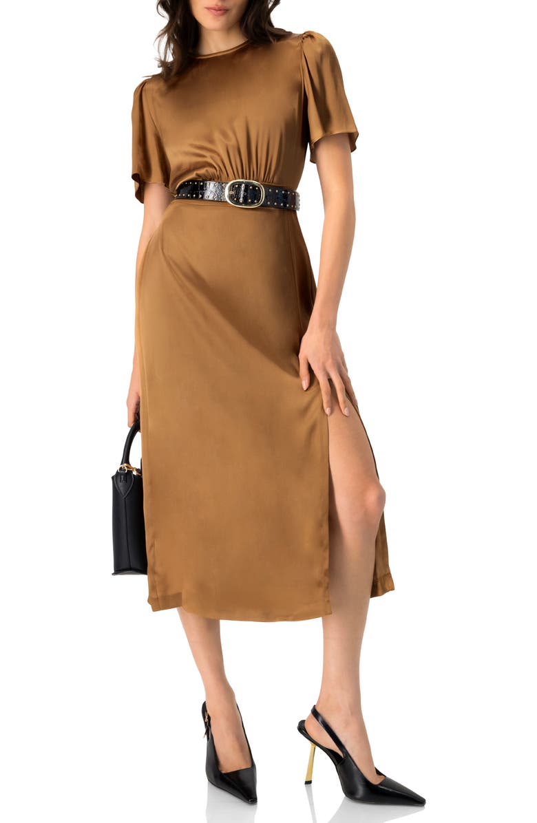 IVONNE Short Sleeve Satin Midi Dress, Alternate, color, Brown
