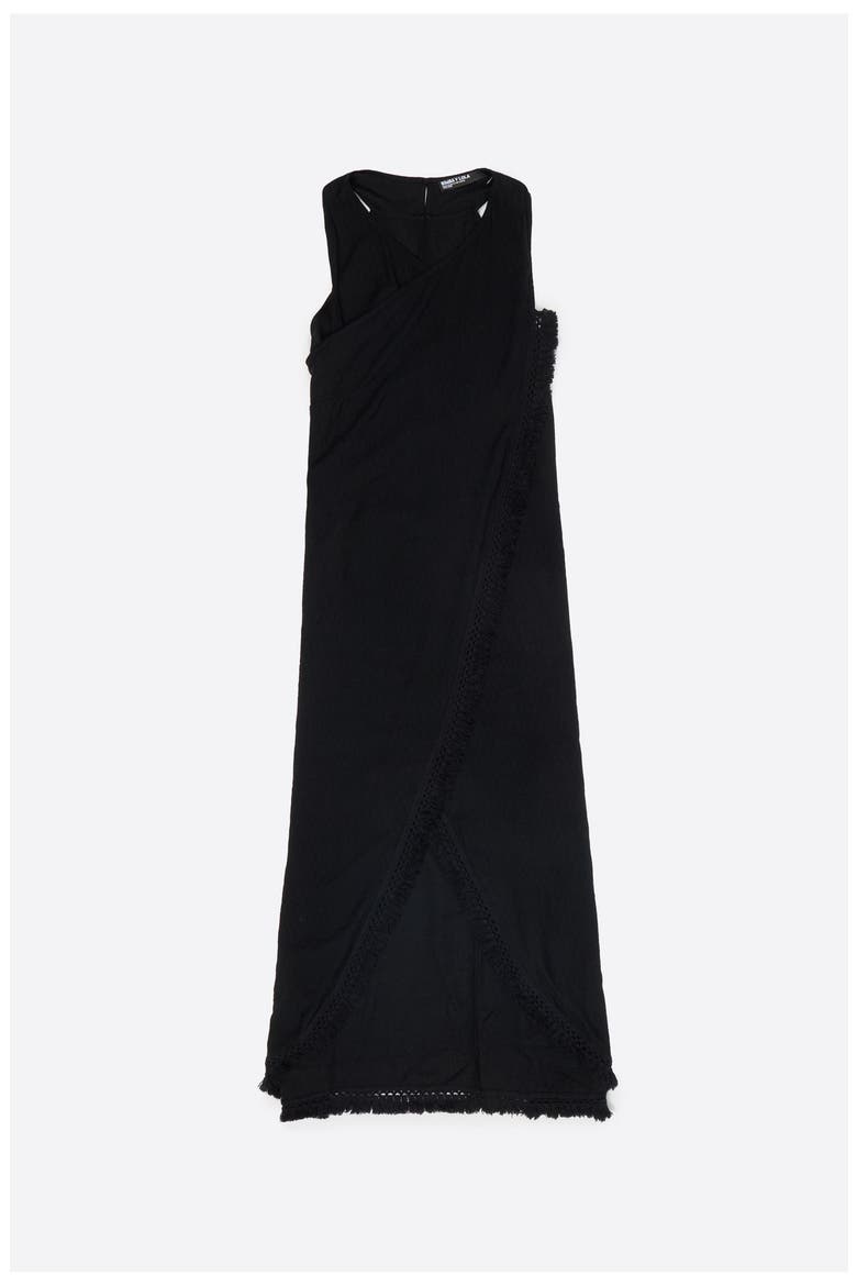 Fringed Wrap Midi Dress, Alternate, color, BLACK