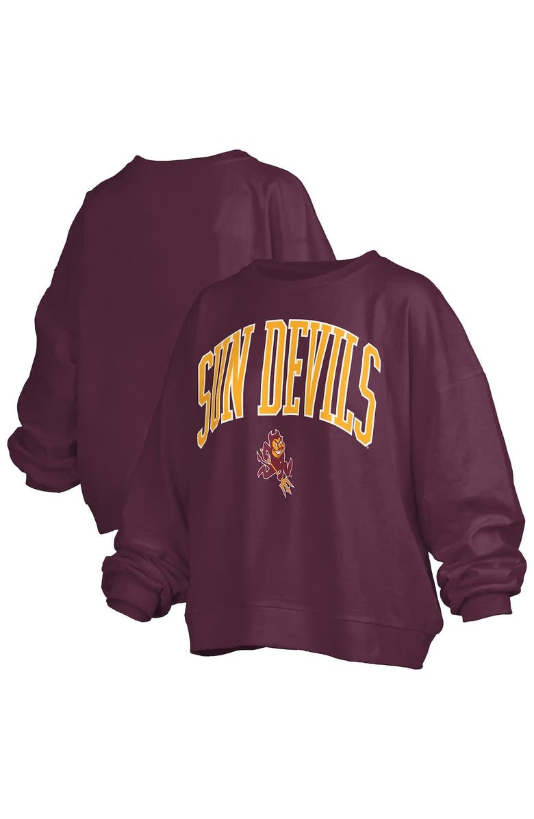 PRESSBOX Women's Pressbox Maroon Arizona State Sun Devils Janise Arch Over Logo Waist Length Oversized Pullover Sweatshirt, Alternate, color, Maroon
