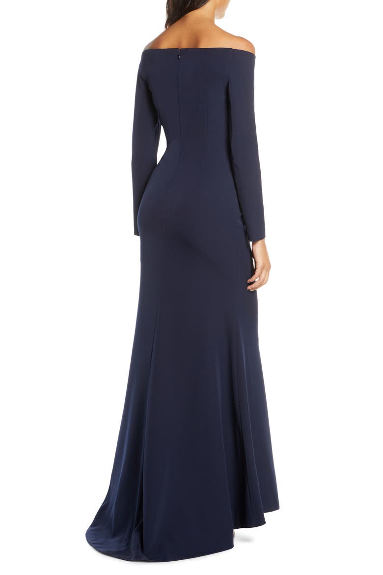 Off the Shoulder Long Sleeve Evening Gown, Alternate, color, NAVY