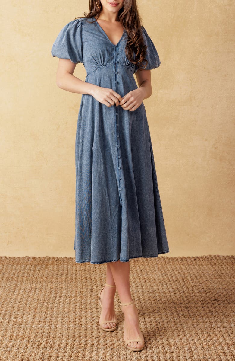 FLYING TOMATO Acid Wash Denim Midi Dress, Alternate, color, 