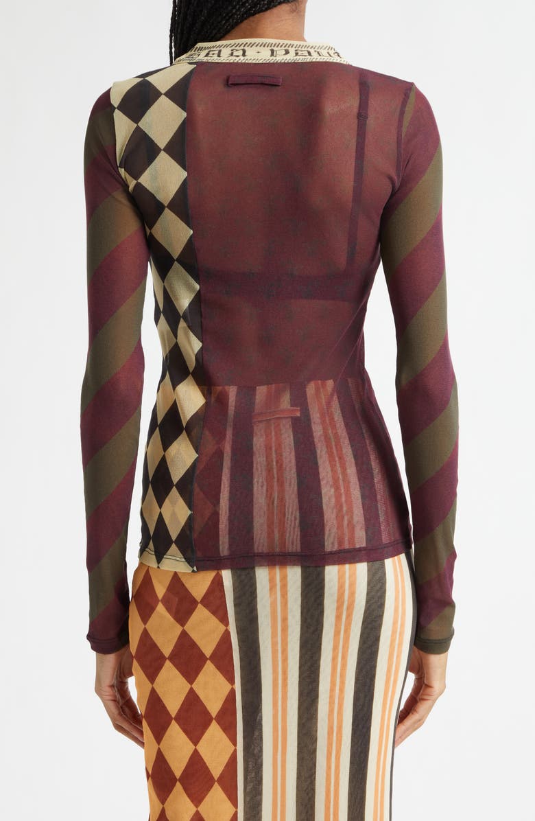 Jean Paul Gaultier Checkerboard Long Sleeve Mesh Top, Alternate, color, Burgundy Multicolor