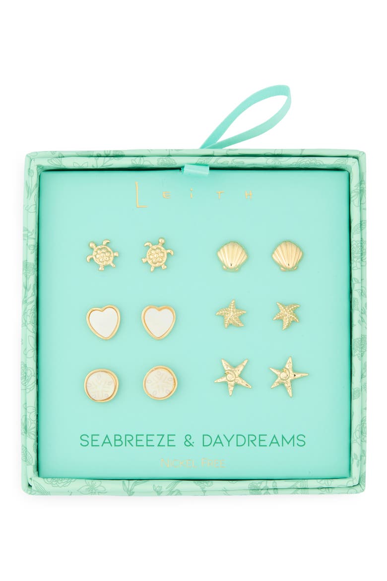 Seabreeze & Daydreams Set of 6 Sealife Stud Earrings, Main, color, WHITE MULTI- GOLD