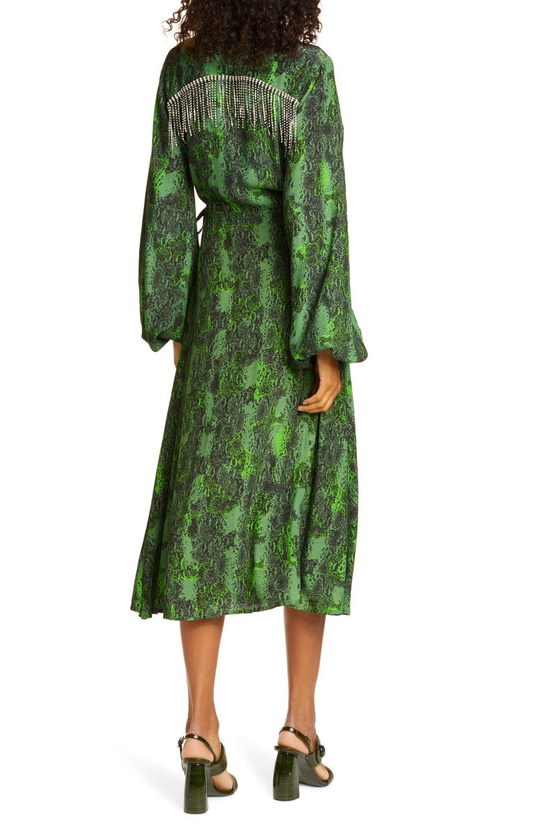 ROTATE Kira Snake Print Crystal Fringe Long Sleeve Midi Dress, Alternate, color,