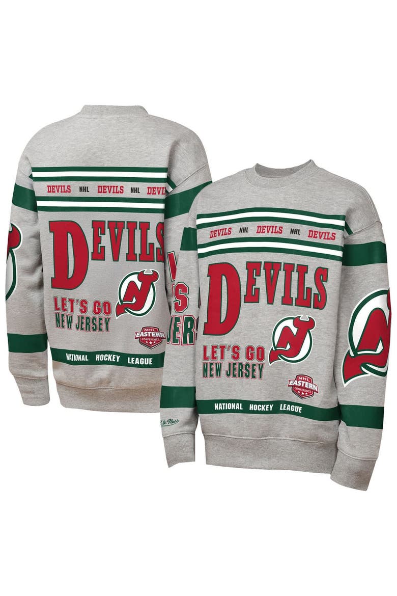 Youth Mitchell & Ness Heather Gray New Jersey Devils Allover Print Fleece Crewneck Sweatshirt, Main, color, Heather Gray
