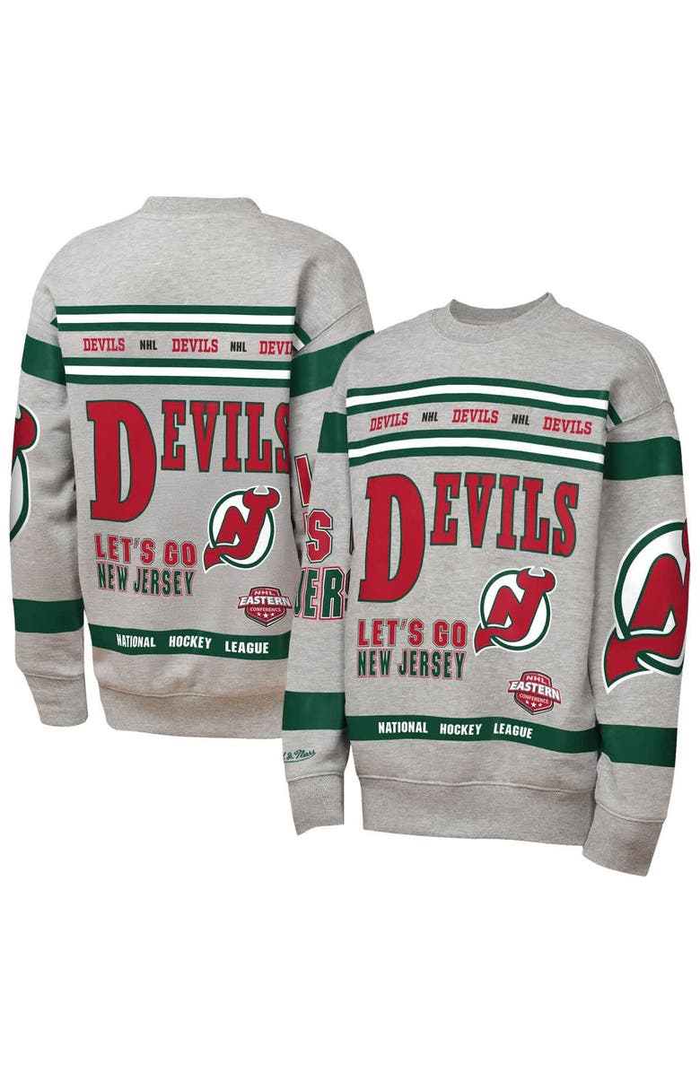 Mitchell & Ness Youth Mitchell & Ness Heather Gray New Jersey Devils Allover Print Fleece Crewneck Sweatshirt, Main, color, Heather Gray
