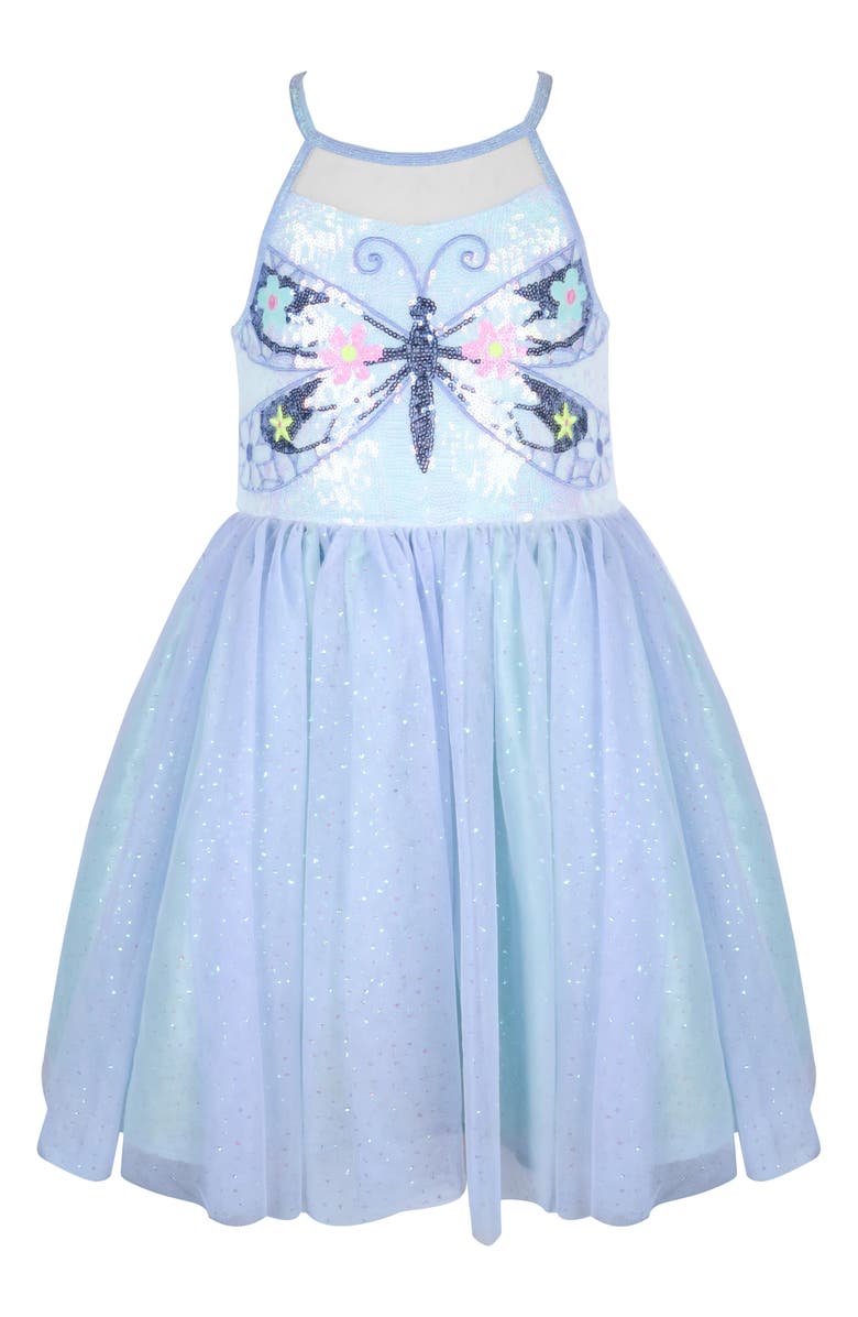 Zunie Kids' Dragonfly Sequin Party Dress, Main, color, Periwinkle/ Multi