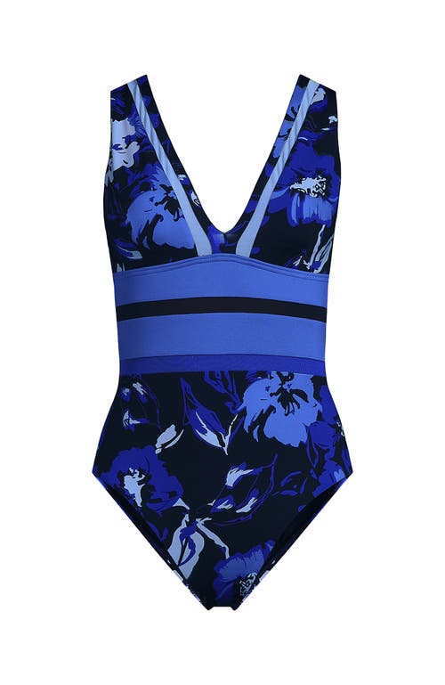 Lands' End Mesh Plunge High Leg One Piece Swimsuit In Blue Multi Abstract Floral