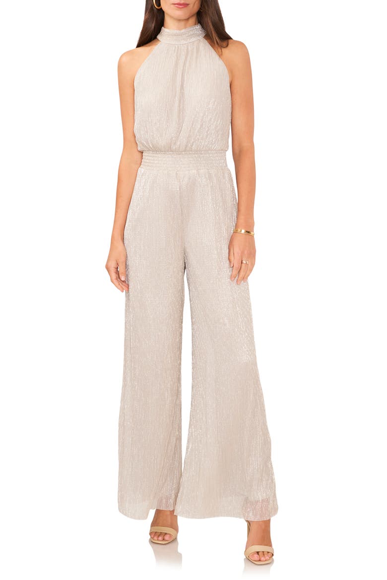 Metallic Smocked Waist Mock Neck Jumpsuit, Main, color, CHAMPAGNE ALLURE